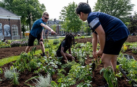 Kinderen en studenten helpen met aanleggen HCL tuin