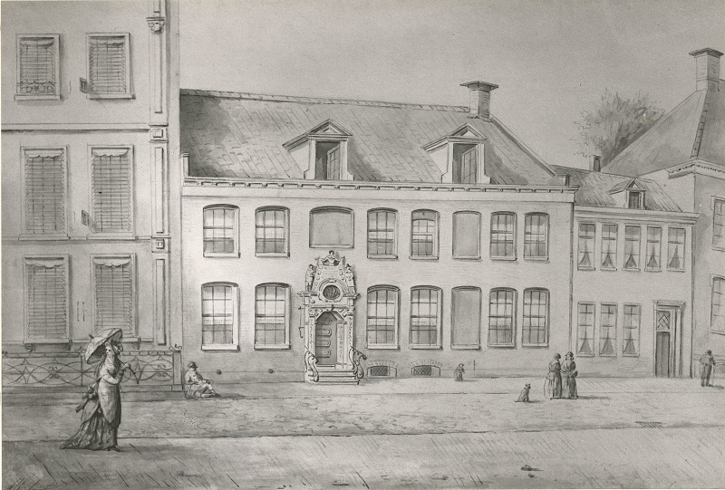 Het Old Burger Weeshuis aan het Raadhuisplein vóór de afbraak in 1876. Tekening Albert Martin