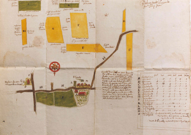 De oudste plattegrond van een deel van het dorp Stiens uit ca. 1658. Hierop staan de bezittingen weergegeven van het Ritske Boelema Gasthuis in Leeuwarden. Te zien zijn een deel van de Aldlânsdyk, de Petterhústerdyk, de Lutskedyk, de Kakewei, It Kleaster en de bebouwing langs de Langebuorren oostzijde tussenPieter Jellessingel en Aeltsjemuoistege. Bron: Archief Ritske Boelema Gasthuis